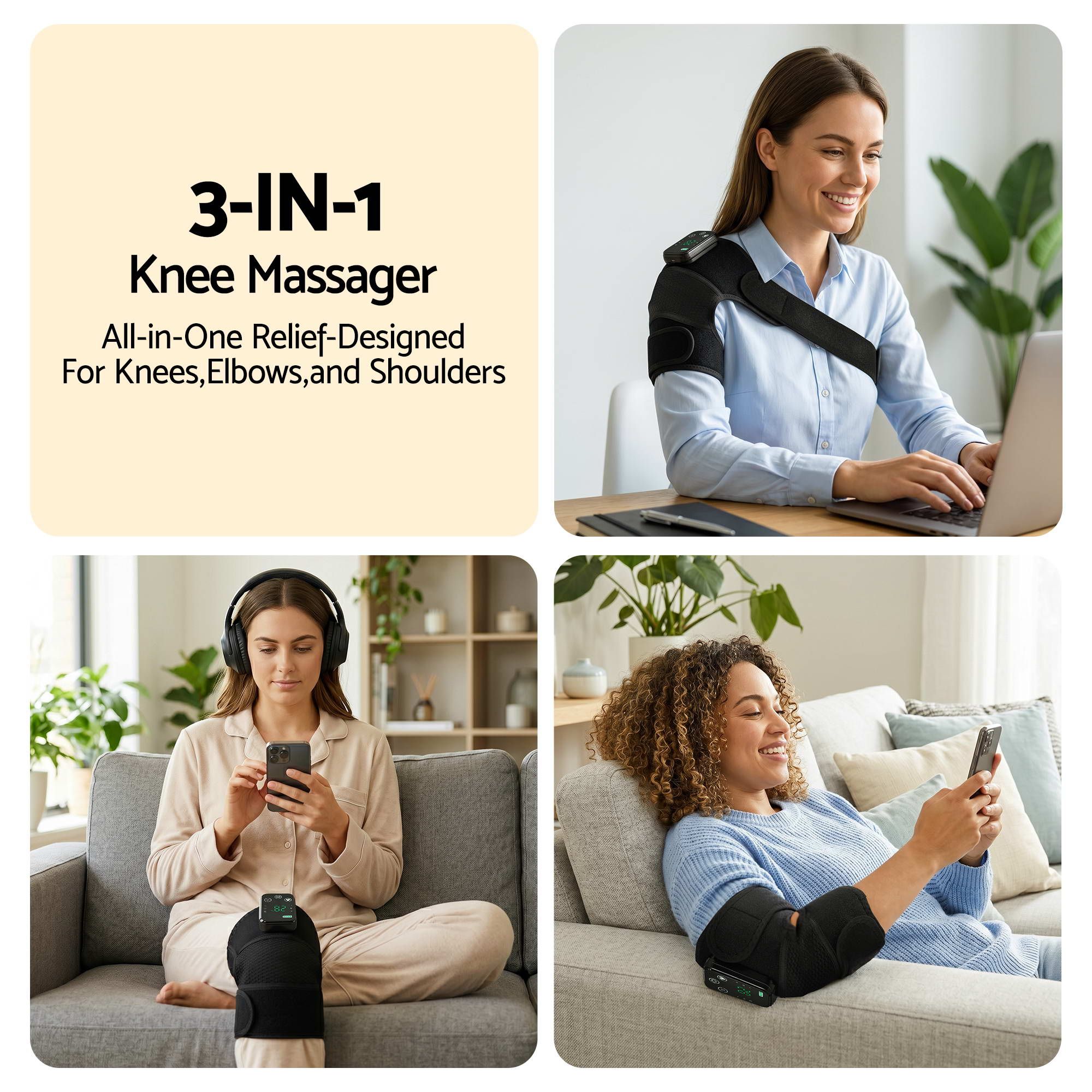 Livemor Knee Massager with Heat (2 Pack), Cordless Heated Knee Massage for Pain Relief with 3 Heating Levels, 3 Vibration Modes, Gentle Lights, Adjustable Straps, 3-in-1, Gift for Men and Women