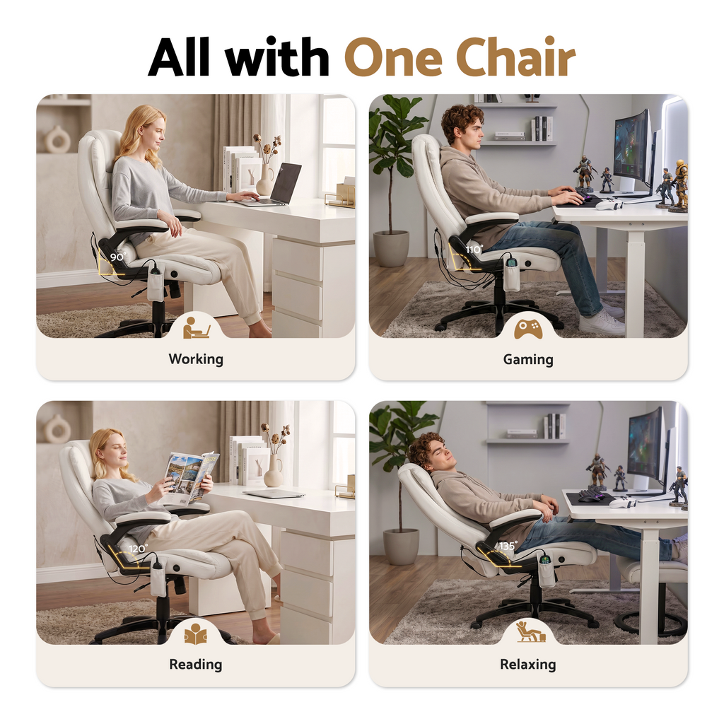 Artiss 8 Point Massage Office Chair Heated Seat Recliner PU White