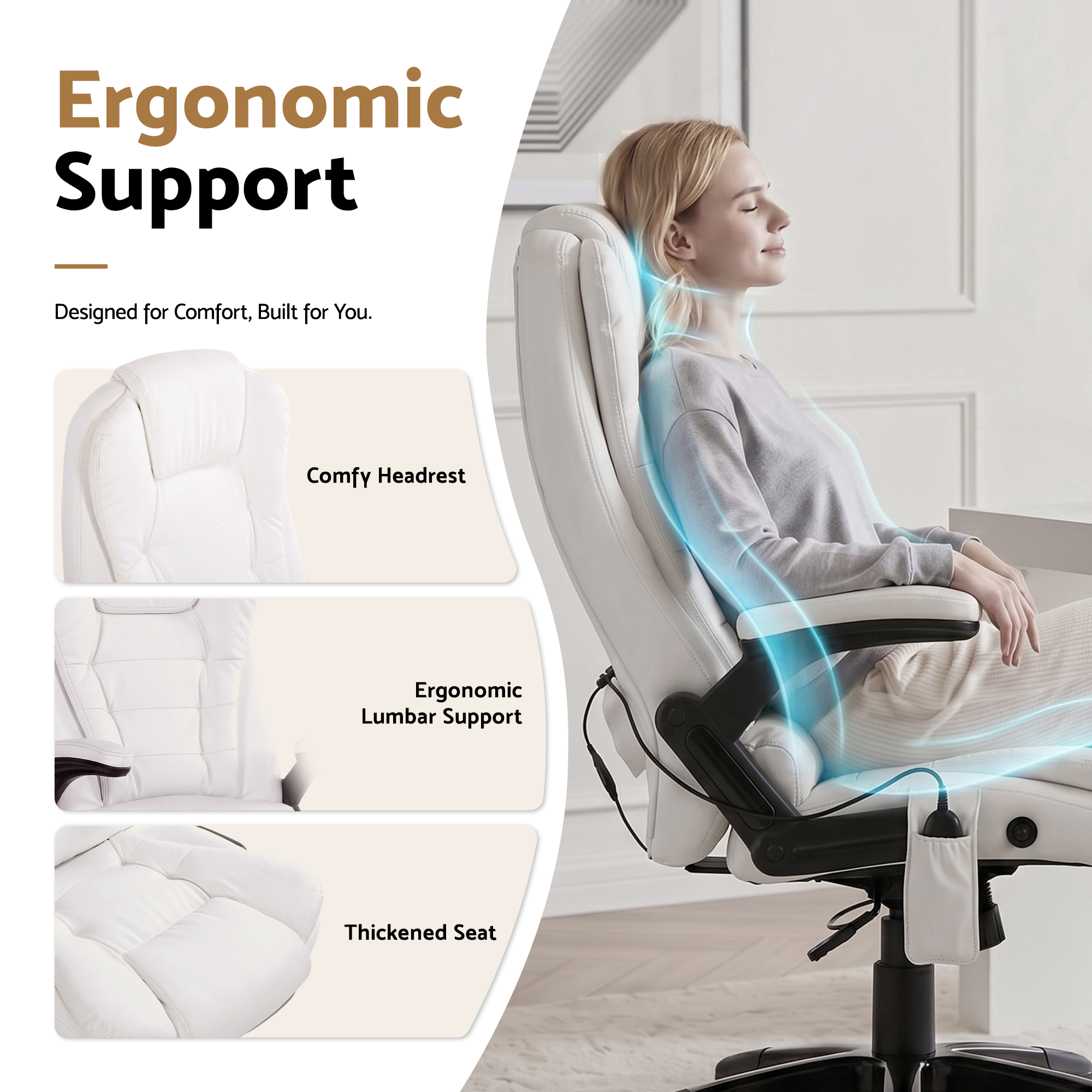 Artiss 8 Point Massage Office Chair Heated Seat Recliner PU White