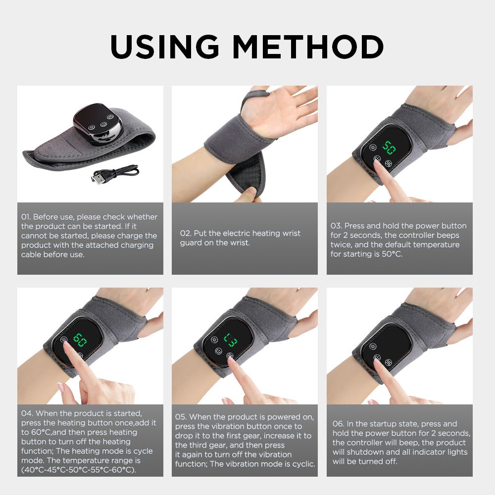 Electric Wrist Heating Massager - Infrared Heat Therapy + Vibration Massage, Rechargeable & Temperature Adjustable