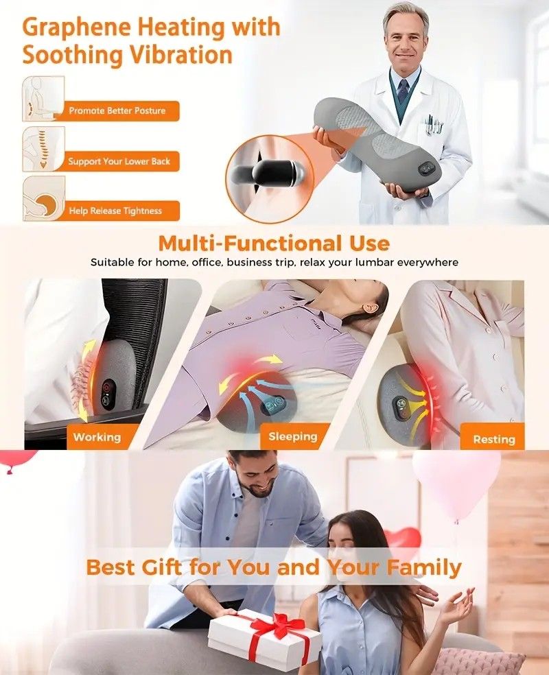 Graphene Heating Vibration Lumbar Massager, 3 in 1 Back Cushion, Lumbar Support + Massage & Heat Therapy, Deep Relaxation for a Warm Sleep