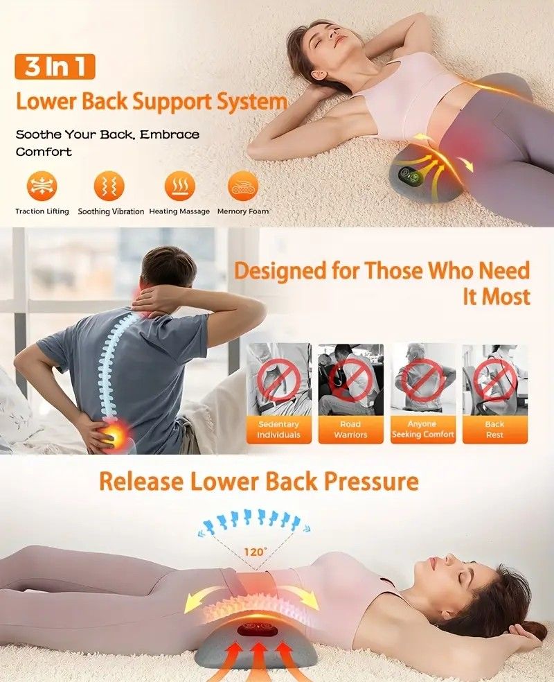 Graphene Heating Vibration Lumbar Massager, 3 in 1 Back Cushion, Lumbar Support + Massage & Heat Therapy, Deep Relaxation for a Warm Sleep