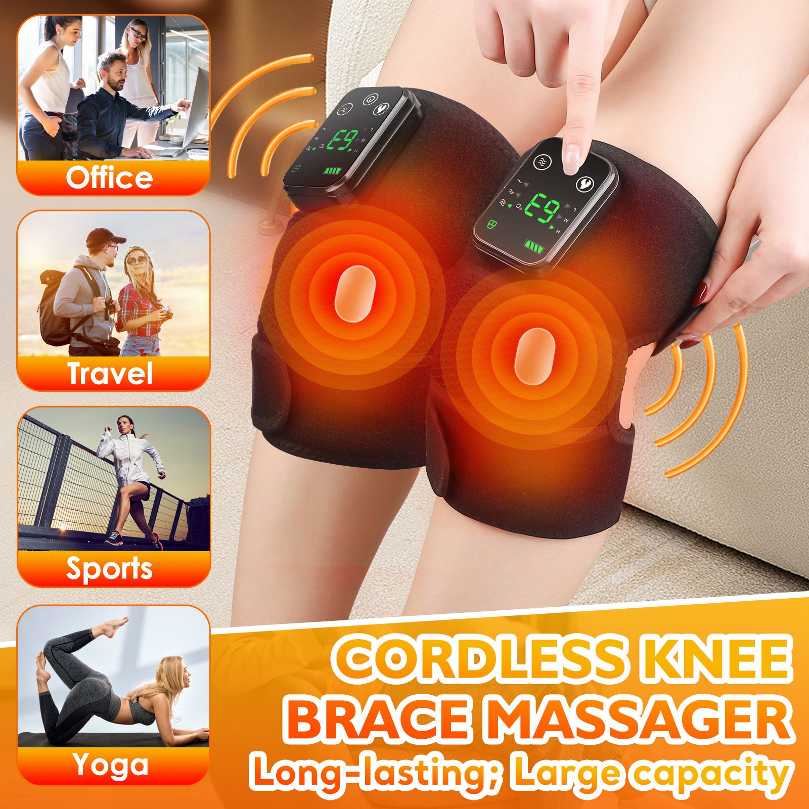 Heated Knee Massager with Heat Therapy – 3 Temp Levels, Vibration Massage, Rechargeable & Adjustable Straps(BLACK)
