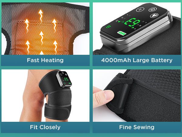 Heated Knee Massager with Heat Therapy – 3 Temp Levels, Vibration Massage, Rechargeable & Adjustable Straps(BLACK)